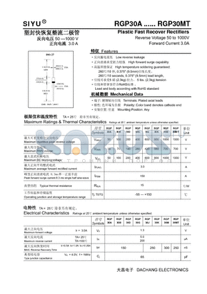 RGP30J datasheet - Plastic Fast Recover Rectifiers Reverse Voltage 50 to 1000V Forward Current 3.0A