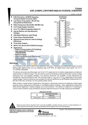 TLV5535 datasheet - 8-BIT, 35 MSPS, LOW-POWER ANALOG-TO-DIGITAL CONVERTER