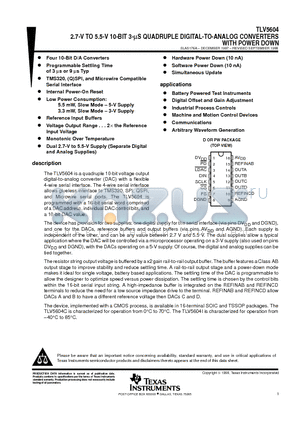 TLV5604 datasheet - 2.7-V TO 5.5-V 10-BIT 3-mS QUADRUPLE DIGITAL-TO-ANALOG CONVERTERS WITH POWER DOWN