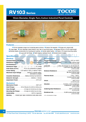 RV103YN-4C15RB100K datasheet - 10mm Diameter, Single-Turn, Carbon Industrial Panel Controls