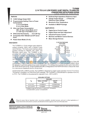 TLV5606IDGKR datasheet - 2.7 V TO 5.5 V LOW POWER 10-BIT DIGITAL-TO-ANALOG CONVERTERS WITH POWER DOWN