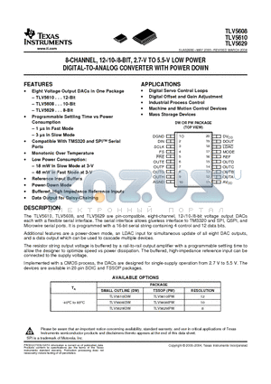 TLV5608 datasheet - 8-CHANNEL, 12-/10-/8-BIT, 2.7-V TO 5.5-V LOW POWER DIGITAL-TO-ANALOG CONVERTER WITH POWER DOWN