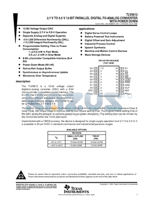 TLV5613 datasheet - 2.7 V TO 5.5 V 12-BIT PARALLEL DIGITAL-TO-ANALOG CONVERTER WITH POWER DOWN