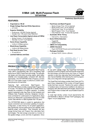 SST39VF088-70-4I-EK datasheet - 8 Mbit (x8) Multi-Purpose Flash