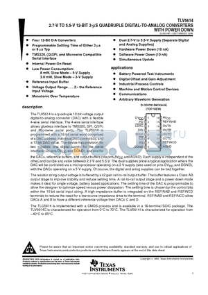 TLV5614CDR datasheet - 2.7-V TO 5.5-V 12-BIT 3-mS QUADRUPLE DIGITAL-TO-ANALOG CONVERTERS WITH POWER DOWN