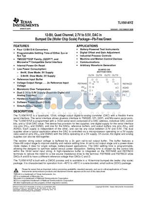 TLV5614IYZ datasheet - 12-Bit, Quad Channel, 2.7V to 5.5V, DAC in Bumped Die (Wafer Chip Scale) PackagePb-Free/Green