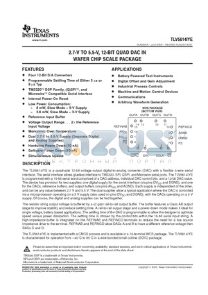 TLV5614Y datasheet - 2.7-V TO 5.5-V, 12-BIT QUAD DAC IN WAFER CHIP SCALE PACKAGE
