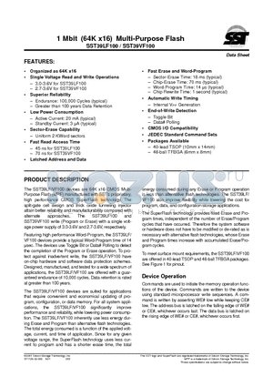 SST39VF100-70-4I-B3K datasheet - 1 Mbit (64K x16) Multi-Purpose Flash