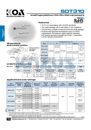 SDT310ALTC500 datasheet - small type platinumthin film thermal sensors