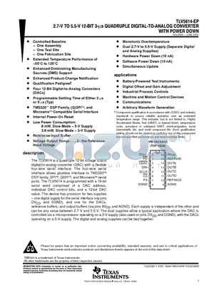 TLV5614MPWREP datasheet - 2.7-V TO 5.5-V 12-BIT 3-ls QUADRUPLE DIGITAL-TO-ANALOG CONVERTER WITH POWER DOWN