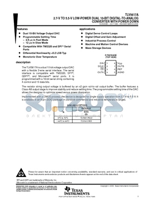 TLV5617A datasheet - 2.7-V TO 5.5-V LOW-POWER DUAL 10-BIT DIGITAL-TO-ANALOG CONVERTER WITH POWER DOWN
