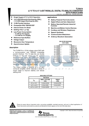 TLV5619 datasheet - 2.7 V TO 5.5 V 12-BIT PARALLEL DIGITAL-TO-ANALOG CONVERTER WITH POWER DOWN