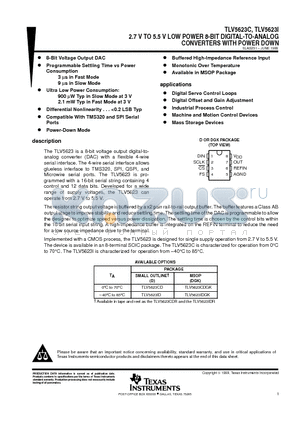TLV5623CDGK datasheet - 2.7 V TO 5.5 V LOW POWER 8-BIT DIGITAL-TO-ANALOG CONVERTERS WITH POWER DOWN