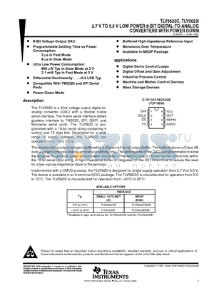 TLV5623IDGK datasheet - 2.7 V TO 5.5 V LOW POWER 8-BIT DIGITAL-TO-ANALOG CONVERTERS WITH POWER DOWN