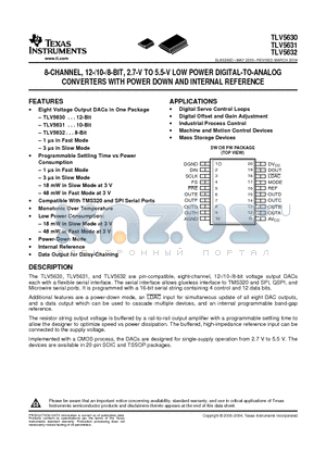 TLV5631IPW datasheet - 8-CHANNEL, 12-/10-/8-BIT, 2.7-V TO 5.5-V LOW POWER DIGITAL-TO-ANALOG CONVERTERS WITH POWER DOWN AND INTERNAL REFERENCE