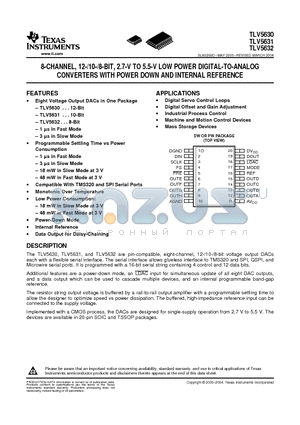 TLV5632 datasheet - 8-CHANNEL, 12-/10-/8-BIT, 2.7-V TO 5.5-V LOW POWER DIGITAL-TO-ANALOG CONVERTERS WITH POWER DOWN AND INTERNAL REFERENCE