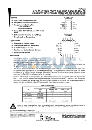 TLV5638 datasheet - 2.7 V TO 5.5 V LOW POWER DUAL 12-BIT DIGITAL-TO-ANALOG CONVERTER WITH INTERNAL REFERENCE AND POWER DOWN