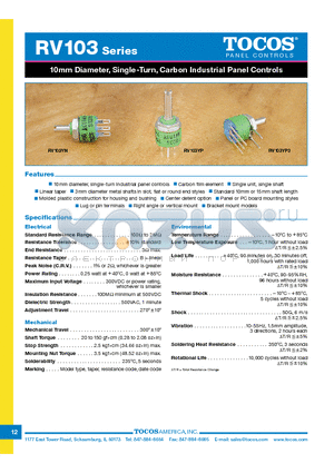 RV103YP2-4C15SB103K datasheet - 10mm Diameter, Single-Turn, Carbon Industrial Panel Controls