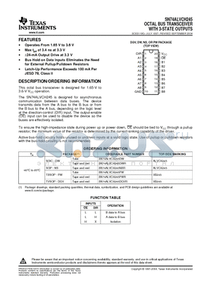 SN74ALVCH245DWE4 datasheet - OCTAL BUS TRANSCEIVER WITH 3-STATE OUTPUTS