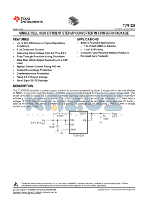 TLV61225 datasheet - SINGLE CELL HIGH EFFICIENT STEP-UP CONVERTER IN 6 PIN SC-70 PACKAGE