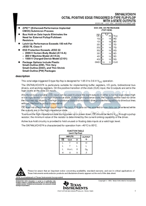 SN74ALVCH374 datasheet - OCTAL POSITIVE EDGE-TRIGGERED D-TYPE FLIP-FLOP WITH 3-STATE OUTPUTS