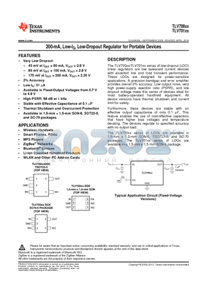 TLV70012DSER datasheet - 200-mA, Low-IQ, Low-Dropout Regulator for Portable Devices