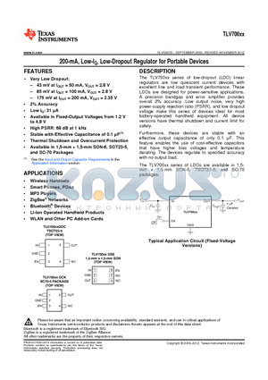 TLV70012DDCR datasheet - 200-mA, Low-IQ, Low-Dropout Regulator for Portable Devices