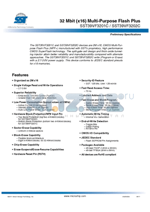 SST39VF3202C datasheet - 32 Mbit (x16) Multi-Purpose Flash Plus Active Current: 6 mA