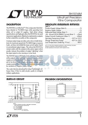 RH1016M datasheet - UltraFast Precision 10ns Comparator