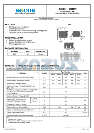 RH102 datasheet - Voltage 100V ~ 800V 0.8 Amp Silicon Bridge Rectifiers
