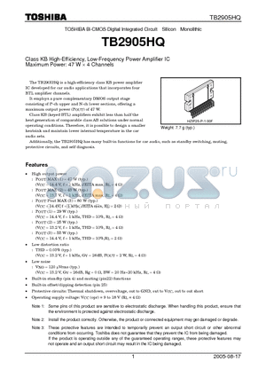 TB2905HQ datasheet - Class KB High-Efficiency, Low-Frequency Power Amplifier IC Maximum Power: 47 W x 4 Channels
