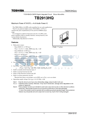 TB2913HQ datasheet - Maximum Power 47 W BTL  4-ch Audio Power IC