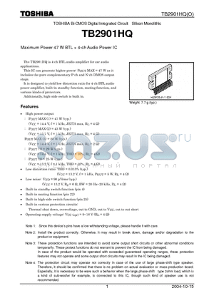 TB2901HQ datasheet - Maximum Power 47 W BTL  4-ch Audio Power IC