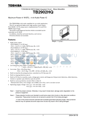 TB2902HQ datasheet - Maximum Power 41 W BTL  4-ch Audio Power IC