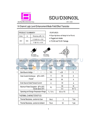 SDU30N03L datasheet - N-Channel Logic Level Enhancement Mode Field Effect Transistor