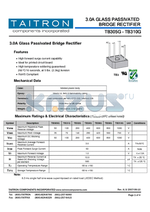 TB305G datasheet - 3.0A Glass Passivated Bridge Rectifier