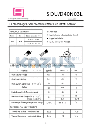 SDU40N03 datasheet - N-Channel Logic Level E nhancement Mode F ield E ffect Transistor