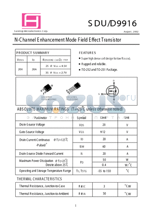 SDU9916 datasheet - N-Channel E nhancement Mode F ield E ffect Transistor