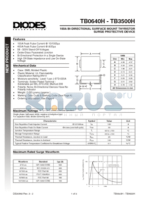 TB3100H-13 datasheet - 100A BI-DIRECTIONAL SURFACE MOUNT THYRISTOR SURGE PROTECTIVE DEVICE