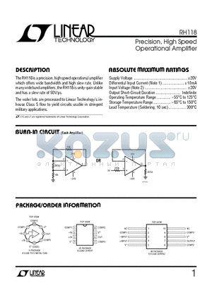 RH118 datasheet - Precision, High Speed Operational Amplifier