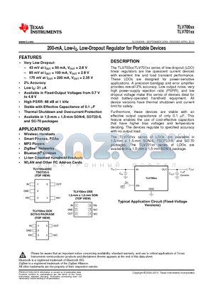 TLV70030DCKT datasheet - 200-mA, Low-IQ, Low-Dropout Regulator for Portable Devices