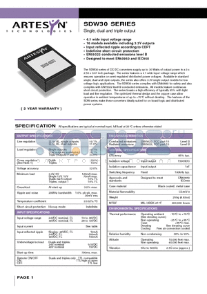 SDW30-243V3 datasheet - Single, dual and triple output 30 Watt Wide input DC/DC converters