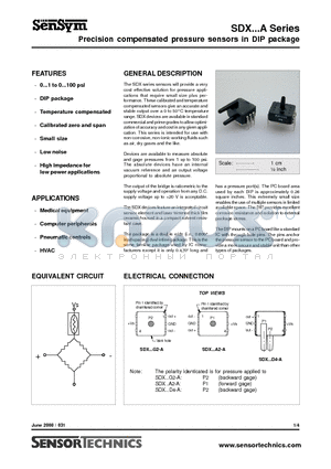 SDX01G2-A datasheet - Precision compensated pressure sensors in DIP package