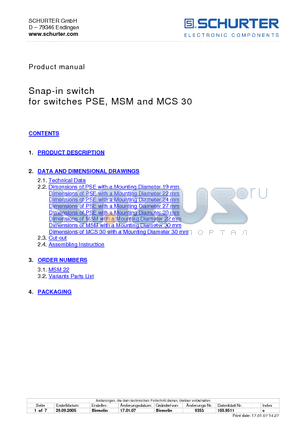 PSE24RI datasheet - Snap-in switch for switches PSE, MSM and MCS 30