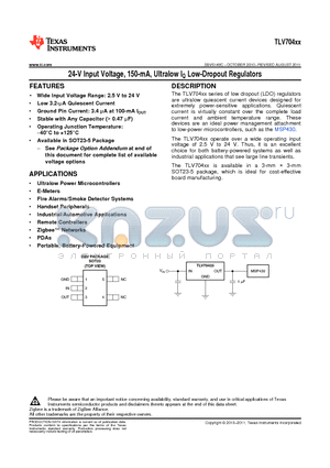 TLV70436DBVR datasheet - 24-V Input Voltage, 150-mA, Ultralow IQ Low-Dropout Regulators