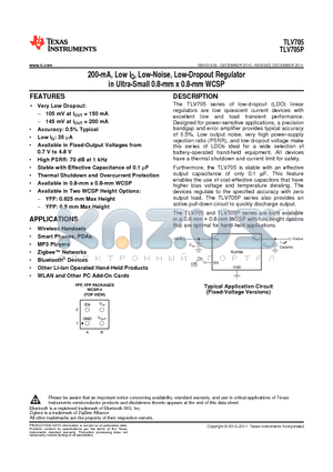 TLV70518YFPR datasheet - 200-mA, Low IQ, Low-Noise, Low-Dropout Regulator in Ultra-Small 0.8-mm x 0.8-mm WCSP