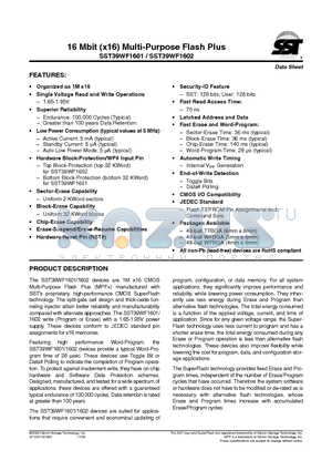 SST39WF1601-70-4C-B3KE datasheet - 16 Mbit (x16) Multi-Purpose Flash Plus