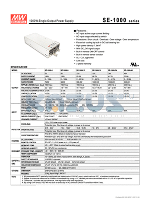 SE-1000-9 datasheet - 1000W Single Output Power Supply