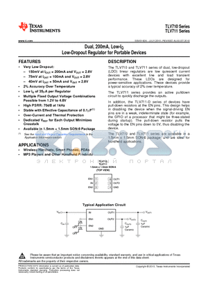 TLV7111323DDSER datasheet - Dual, 200mA, Low-IQ Low-Dropout Regulator for Portable Devices