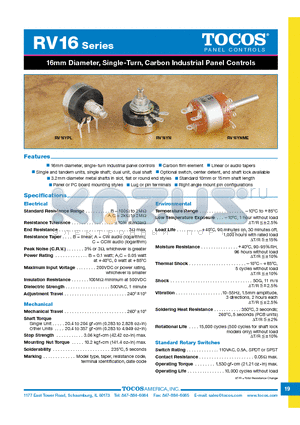 RV16 datasheet - 16mm Diameter, Single-Turn, Carbon Industrial Panel Controls